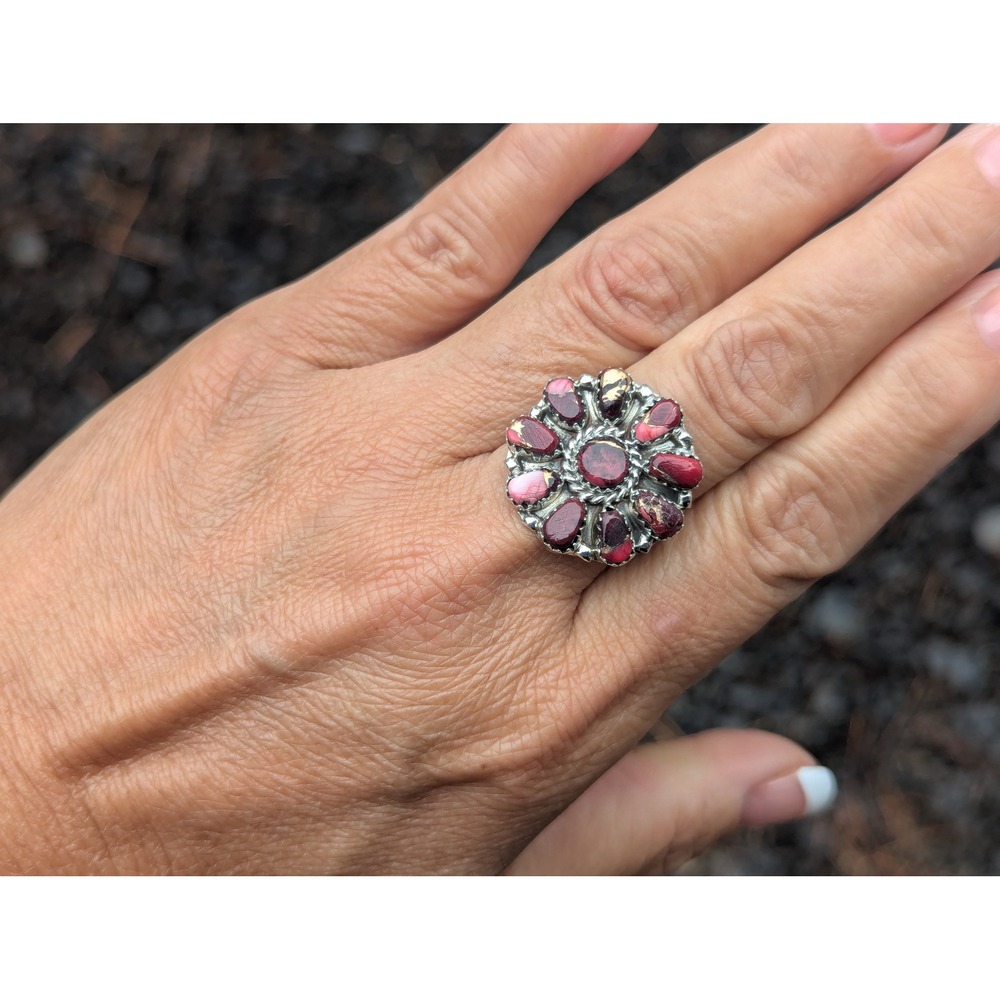 Navajo‎ Sterling Silver Cluster Ring Dyed Rose Dahlia Stone Jewelry Sz 9.25**